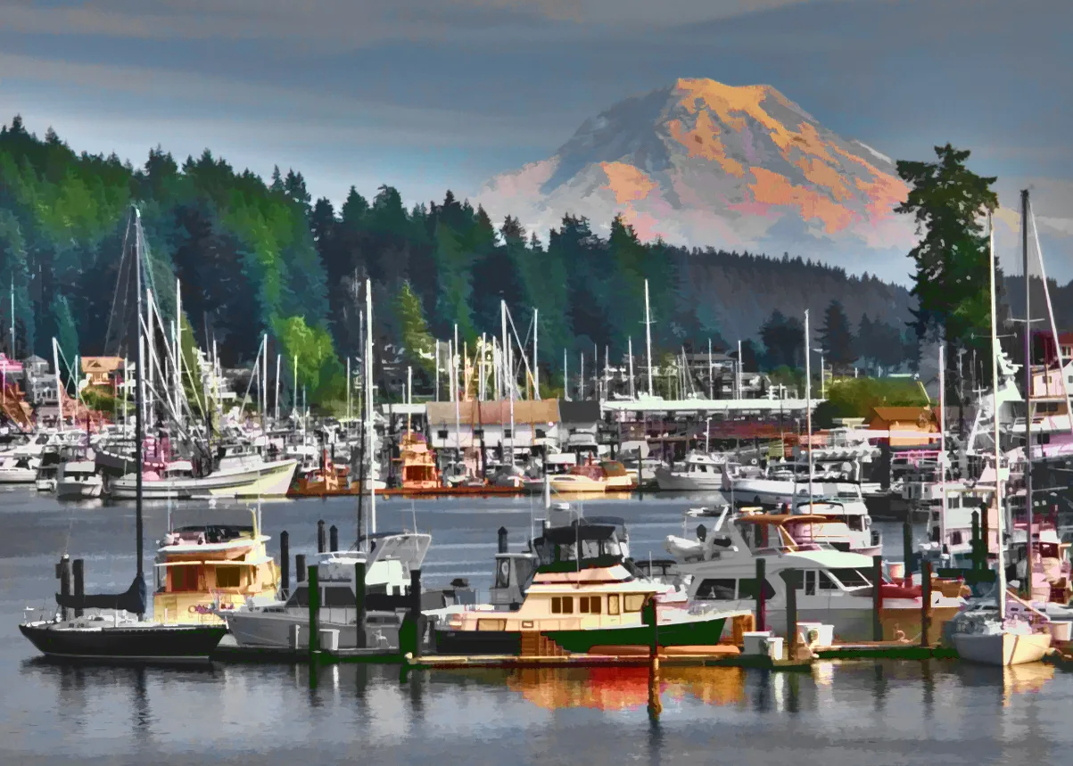 Gig Harbor waterfront with Mount Rainier in the distance, Gig Harbor, Washington.