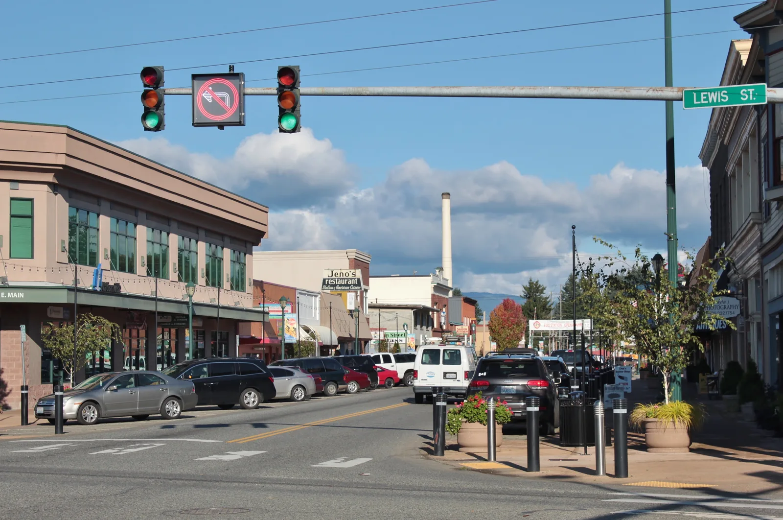 Looking east at Main Street and Lewis Street in downtown Monroe, Washington.