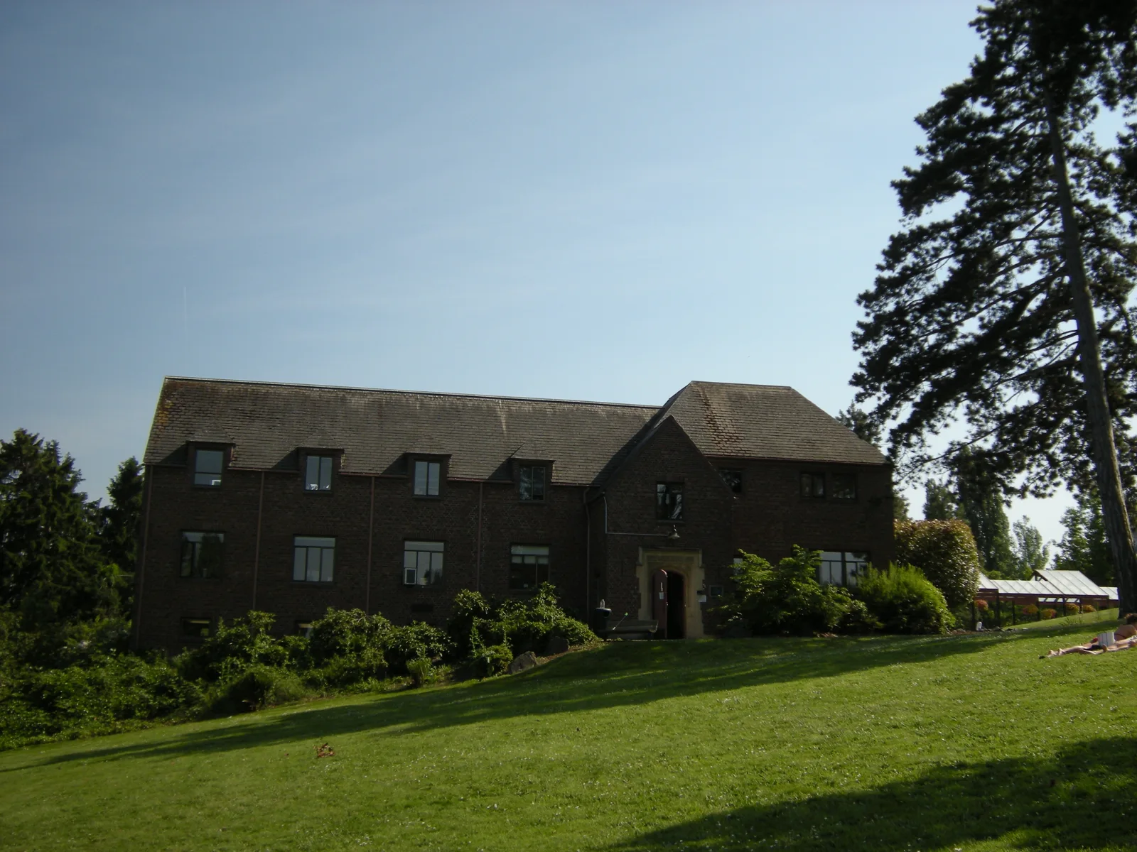 Historic brick Luther Burbank School dormitory in Luther Burbank Park, Mercer Island, Washington.
