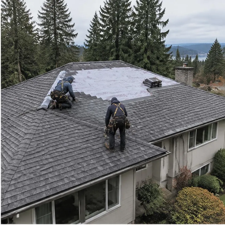 Illustrative service photograph of roof replacement at a Newport Hills, Bellevue residential home.