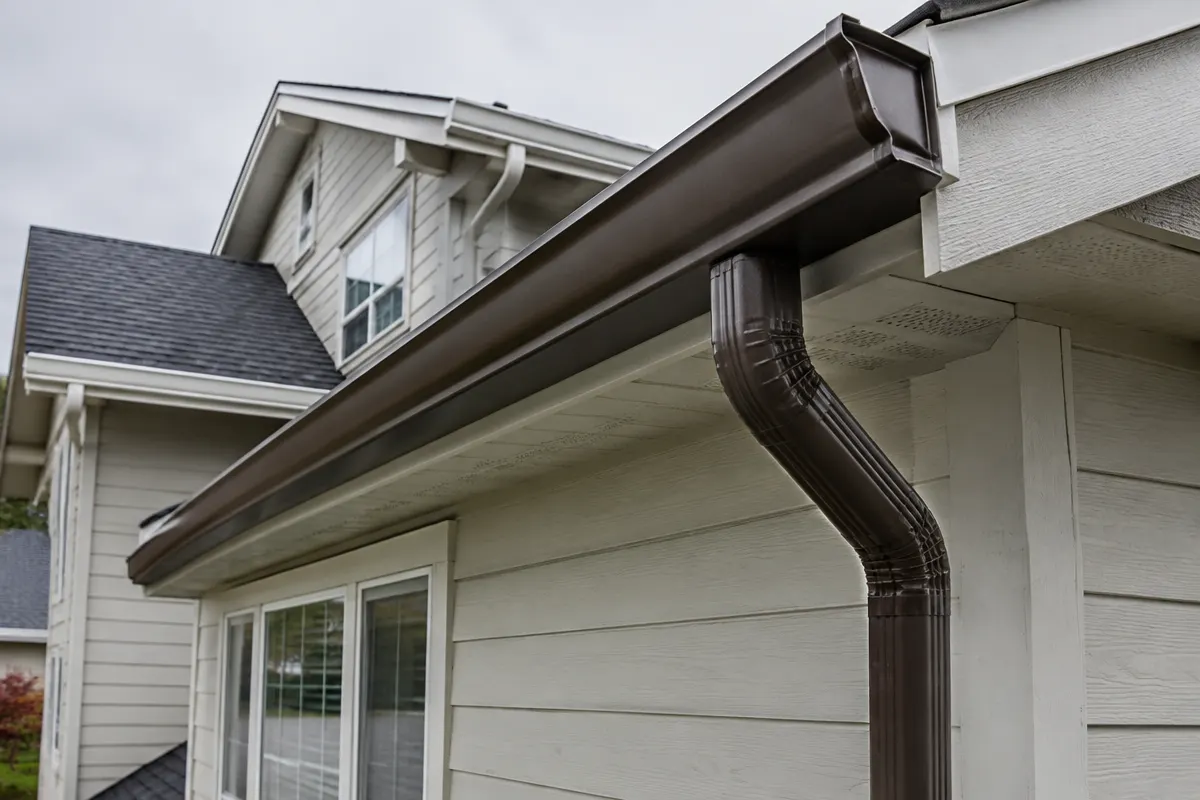 Illustrative service photograph of a dark bronze seamless gutter and downspout on a DuPont planned-community home.