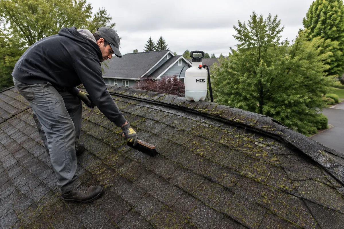 Illustrative service photograph of a worker hand-brushing moss from a shaded roof in DuPont.