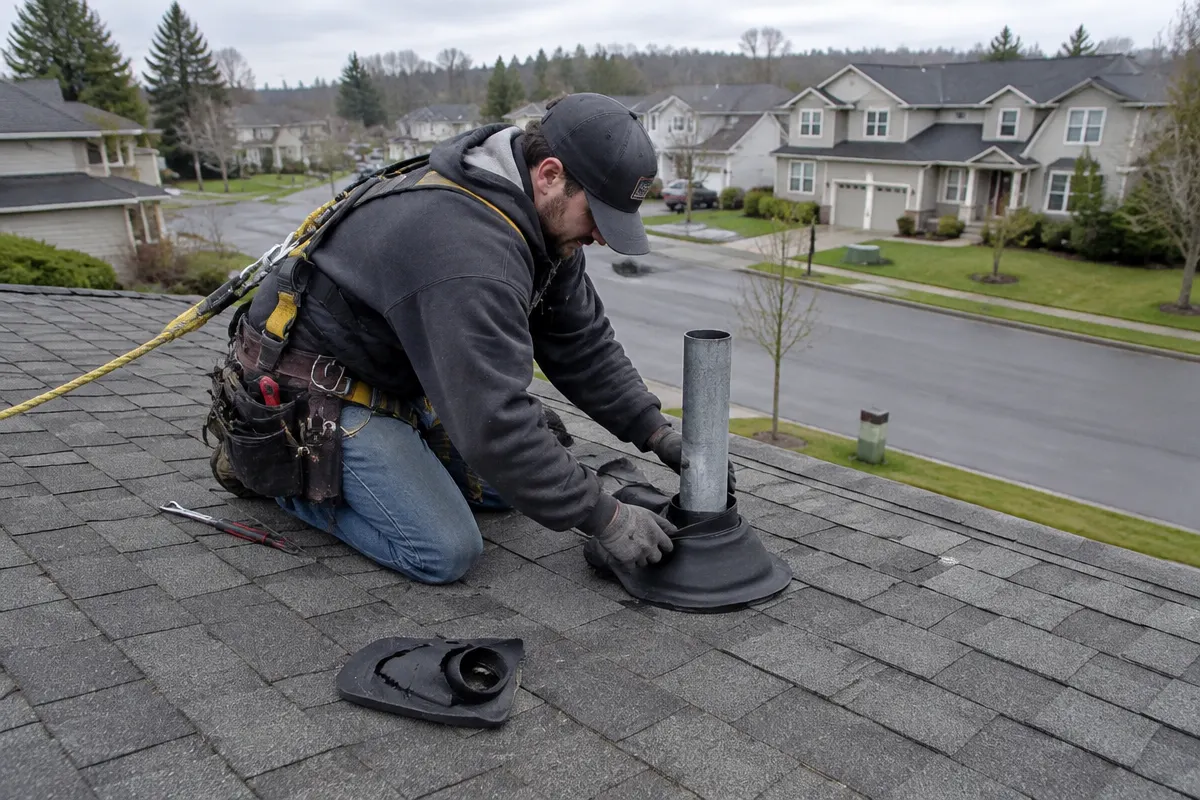 Illustrative service photograph of a roofer replacing a cracked pipe boot on a DuPont planned-community home.