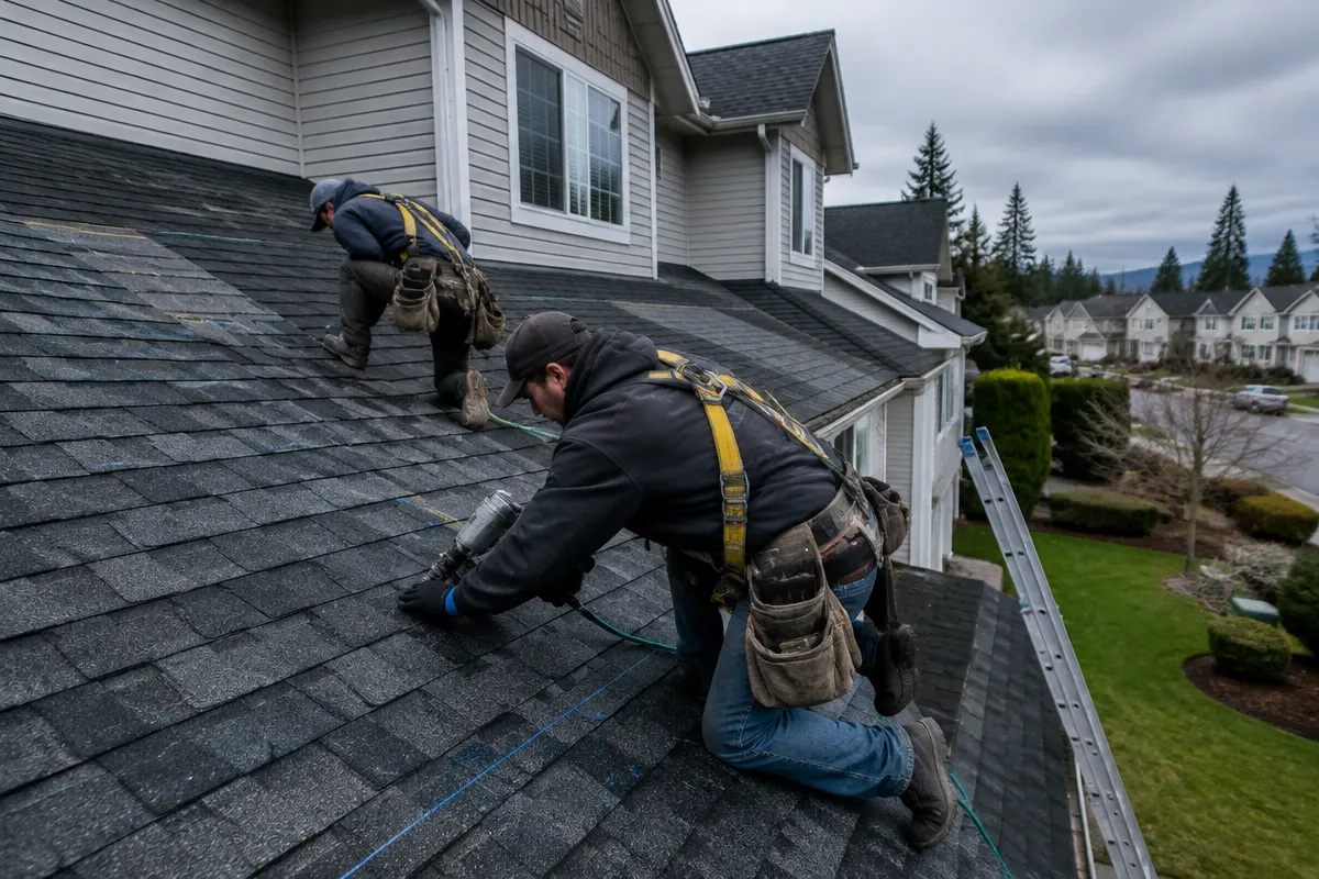 Illustrative service photograph of two harnessed roofers installing asphalt shingles on a DuPont Northwest Landing home.