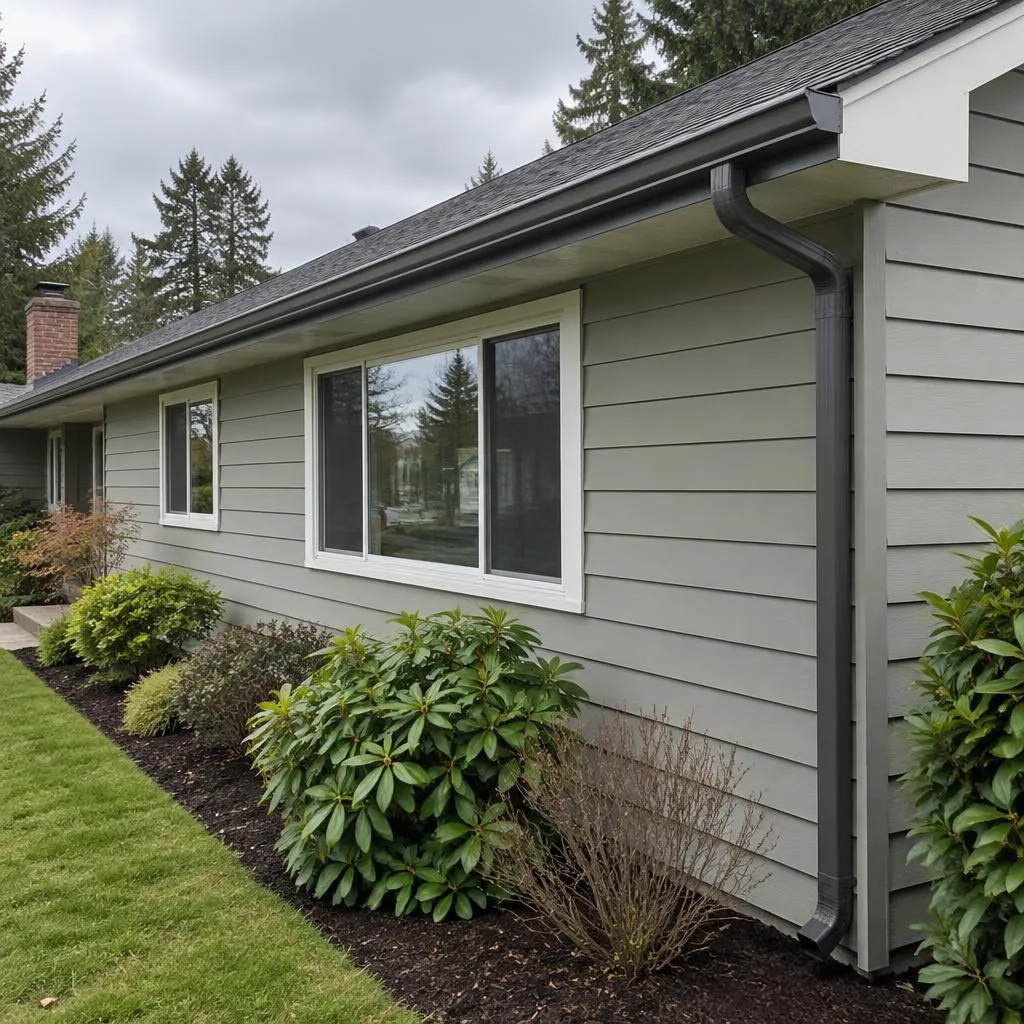 Illustrative service photograph of a dark gray seamless gutter and downspout on a Westgate rambler in Edmonds.