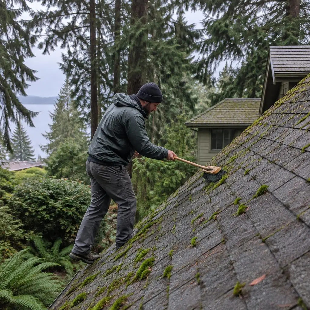 Illustrative service photograph of a worker hand-brushing moss from a shaded roof in Perrinville, Edmonds.