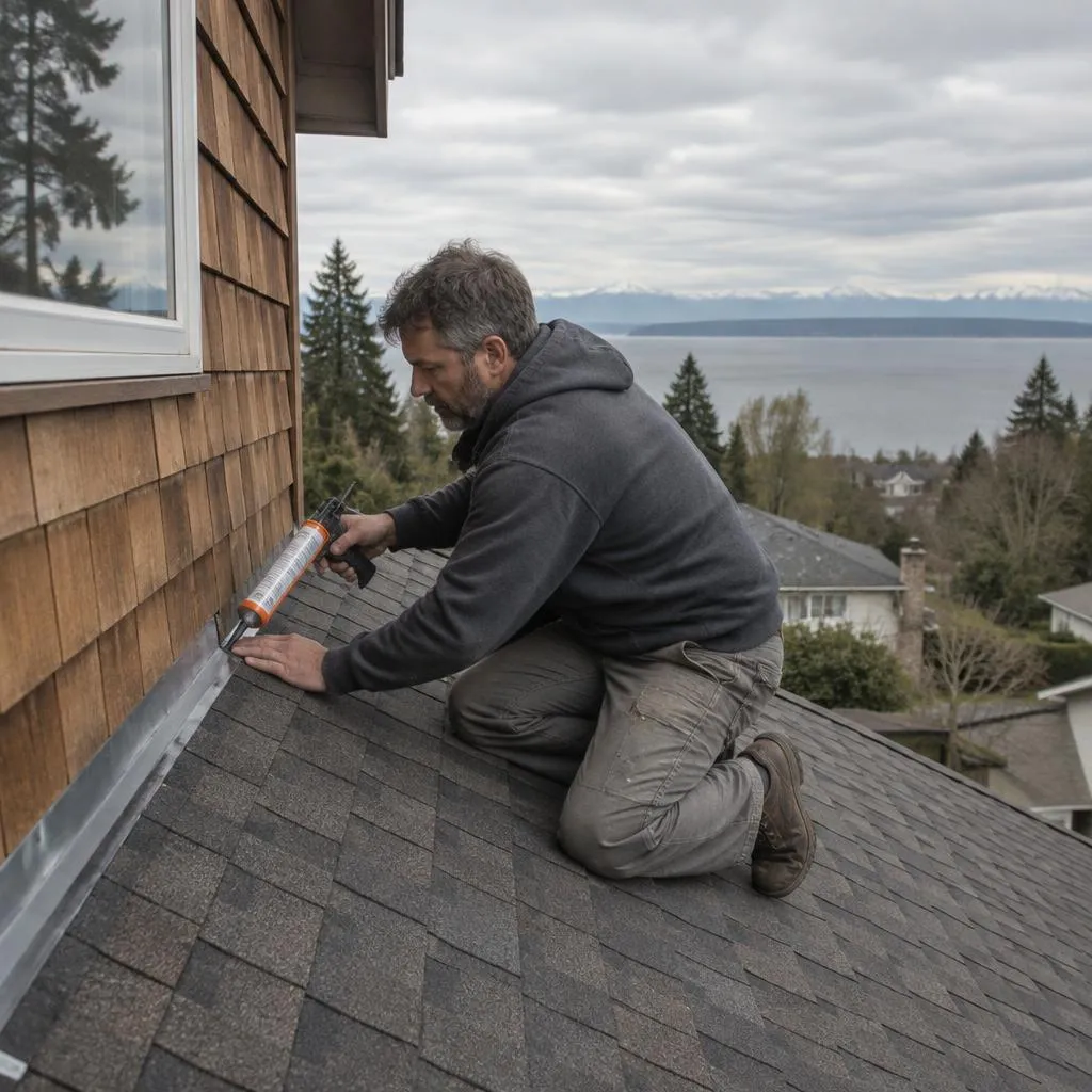 Illustrative service photograph of a roofer sealing roof-to-wall flashing on a mid-century home in the Edmonds Bowl.