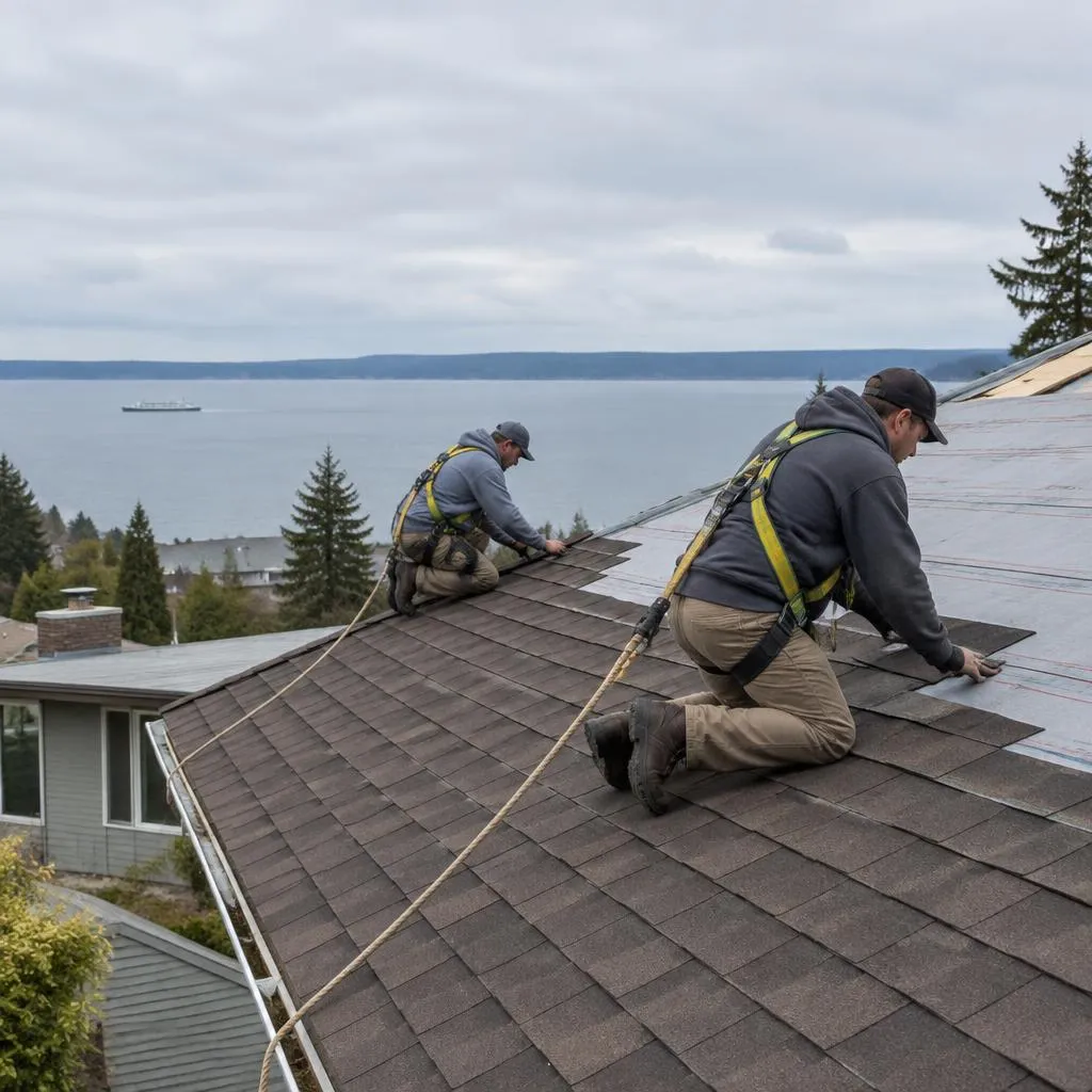 Illustrative service photograph of two harnessed roofers installing asphalt shingles on a Seaview home in Edmonds.
