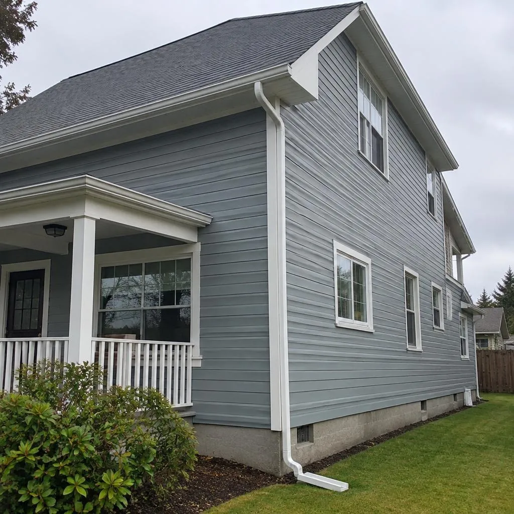 Illustrative service photograph of a white seamless gutter and downspout on an older Riverside home in Everett.