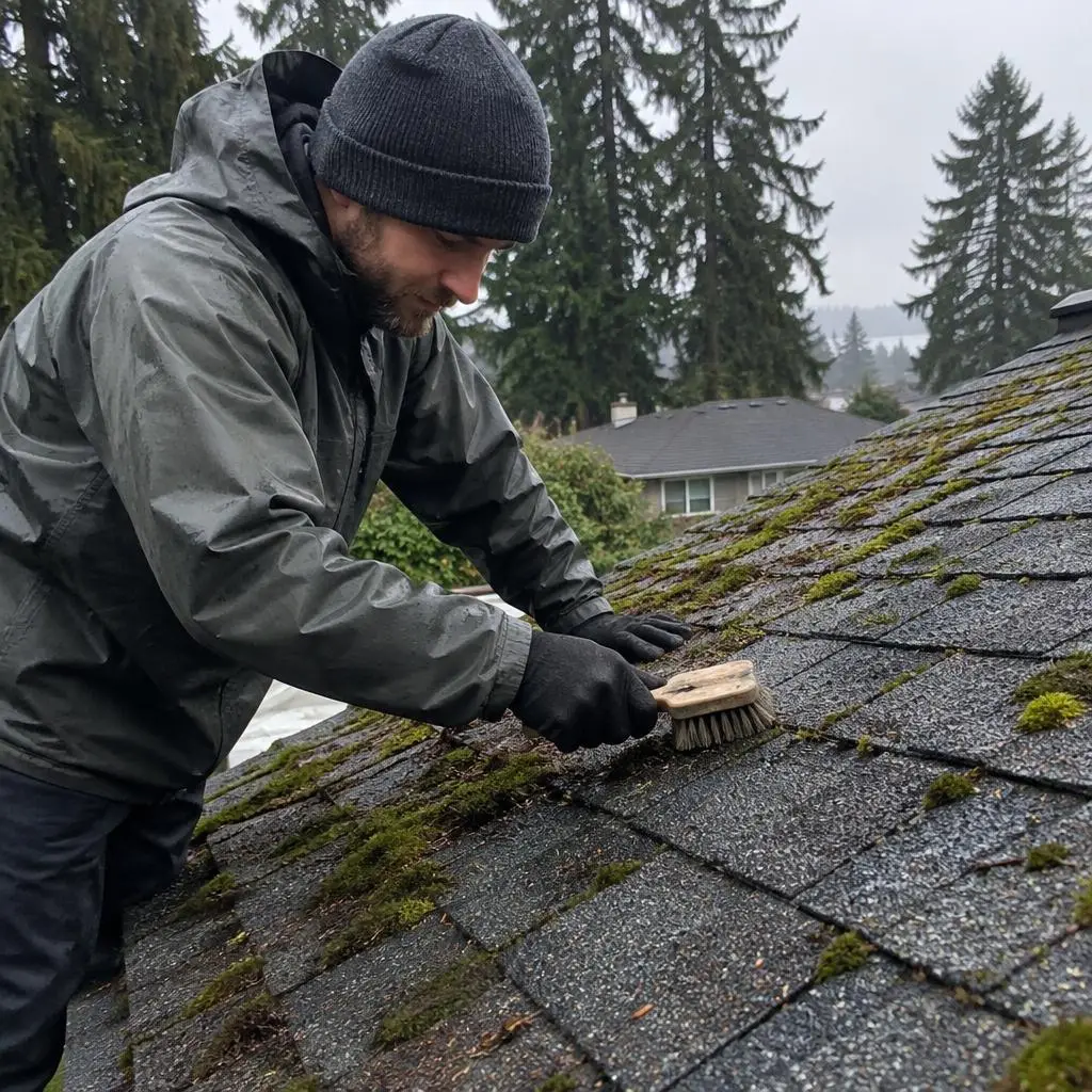 Illustrative service photograph of a worker hand-brushing moss from a shaded roof in View Ridge, Everett.