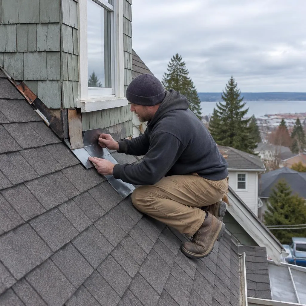 Illustrative service photograph of a roofer replacing step flashing at a dormer on a North Everett Craftsman roof.