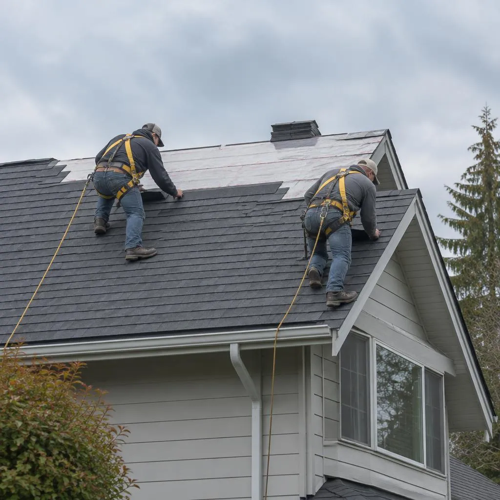 Illustrative service photograph of two harnessed roofers installing asphalt shingles on a Silver Lake home in Everett.