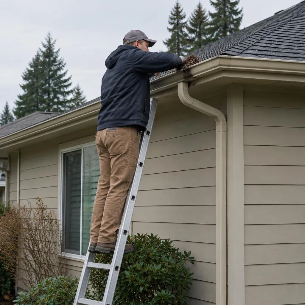 Illustrative service photograph of a technician on a ladder clearing a gutter on a Mirror Lake rambler in Federal Way.