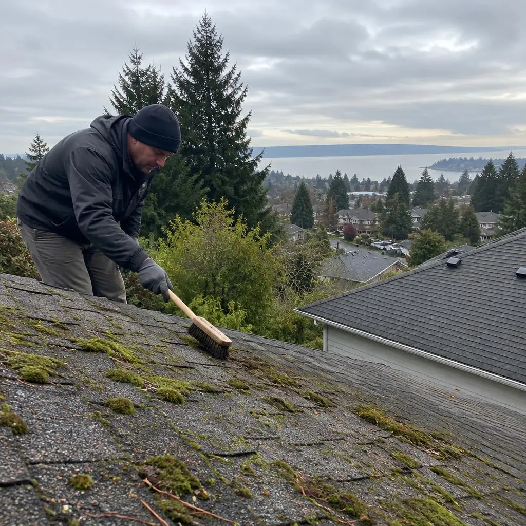 Illustrative service photograph of a worker hand-brushing moss from a roof in the Redondo area of Federal Way.