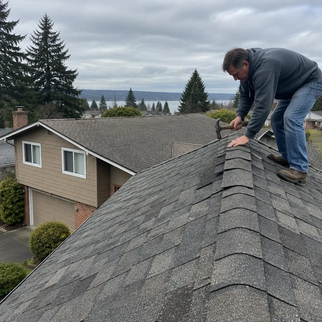 Illustrative service photograph of a roofer nailing replacement shingles along a ridge on a Twin Lakes home in Federal Way.