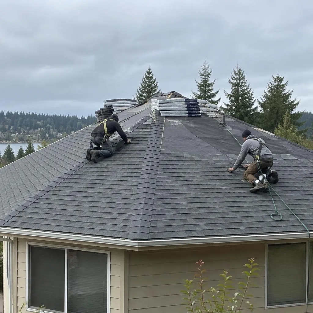 Illustrative service photograph of two harnessed roofers installing asphalt shingles on a hip roof near Steel Lake in Federal Way.