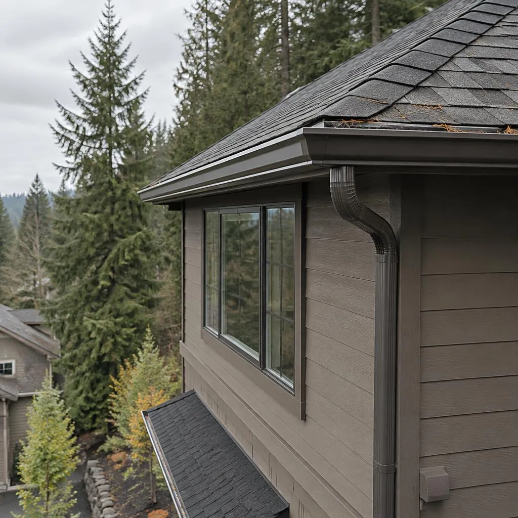 Illustrative service photograph of a dark bronze seamless gutter on a Talus hillside home in Issaquah.