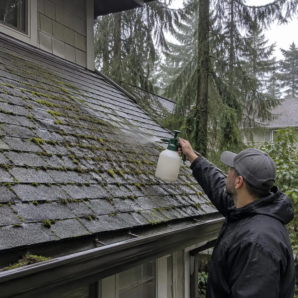 Illustrative service photograph of a worker applying spray-on moss treatment to a shaded asphalt roof in Issaquah.