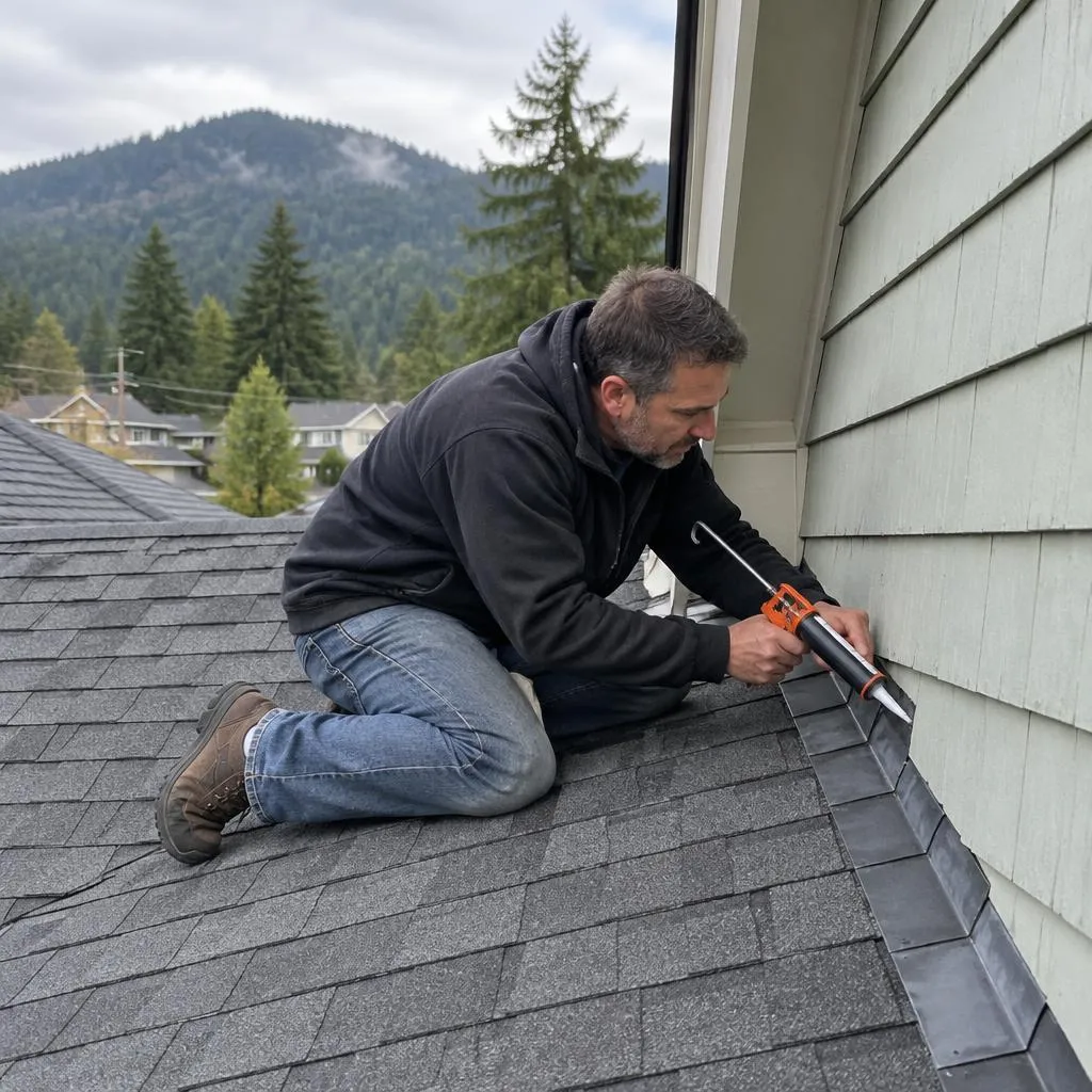 Illustrative service photograph of a roofer sealing step flashing on an Olde Town Issaquah bungalow with Squak Mountain behind.