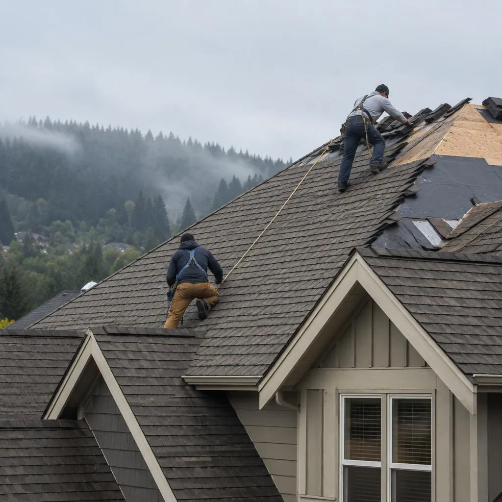 Illustrative service photograph of two harnessed roofers installing asphalt shingles on a multi-gable Issaquah Highlands home.