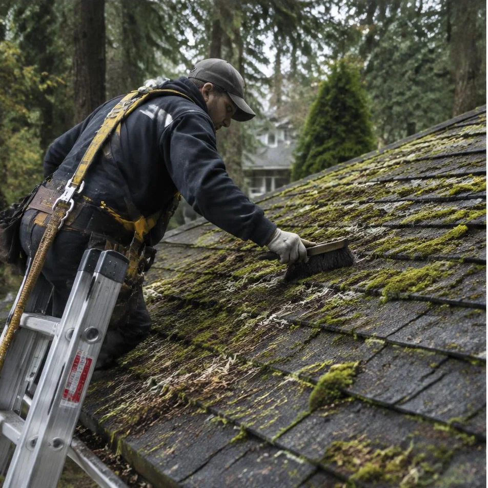 Illustrative service photograph of moss & roof cleaning at a Finn Hill, Kirkland residential home.