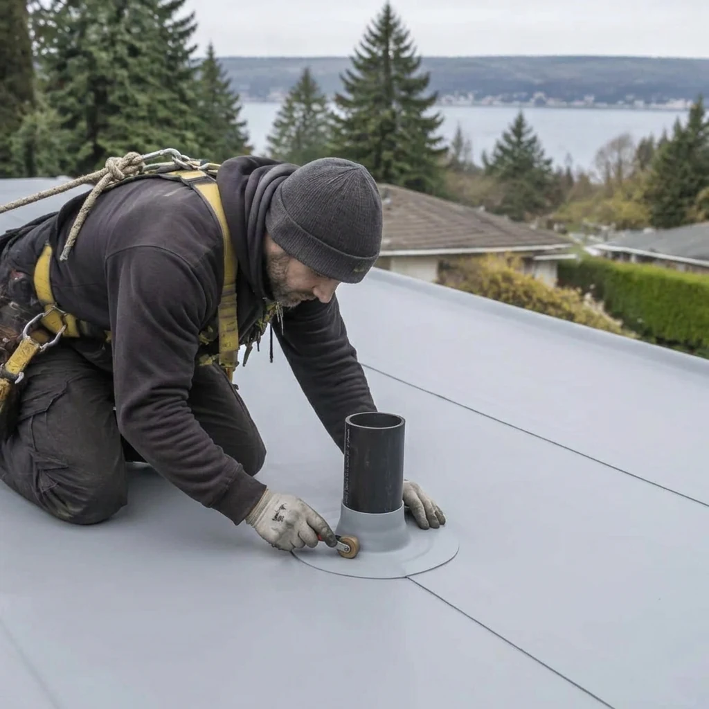 Illustrative service photograph of a roofer repairing a pipe boot on a low-slope residential TPO roof in Kirkland.