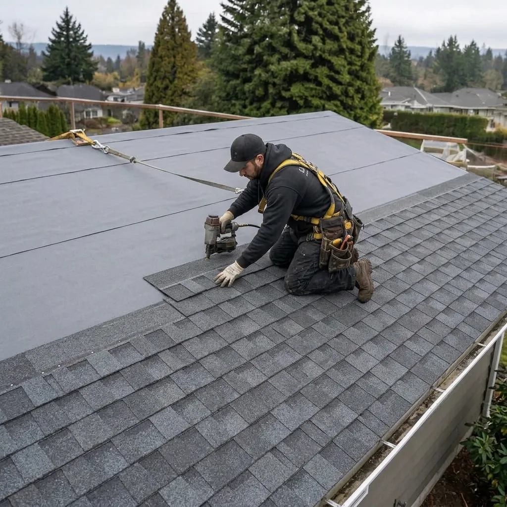 Illustrative service photograph of a harnessed roofer installing aligned asphalt shingles on a pitched Kirkland rambler roof.