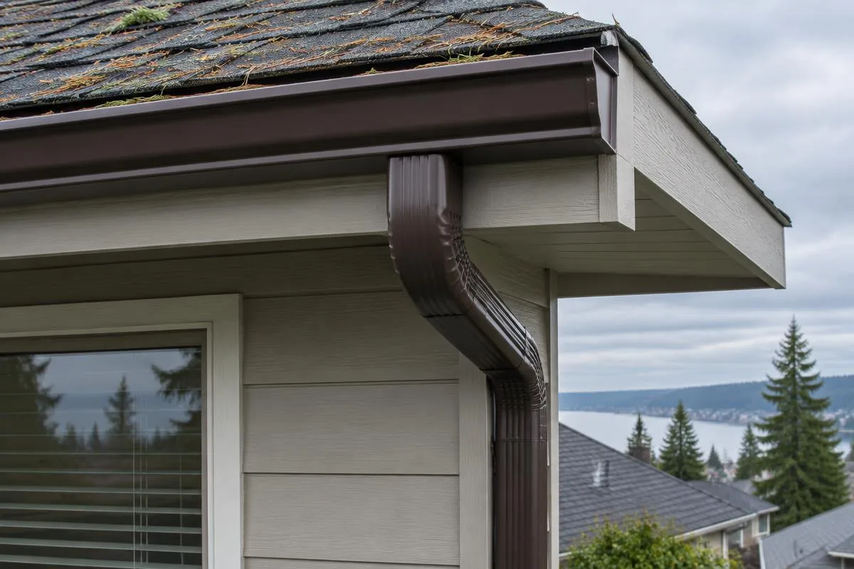 Illustrative service photograph of a dark brown seamless gutter and downspout on a Lake Stevens home.