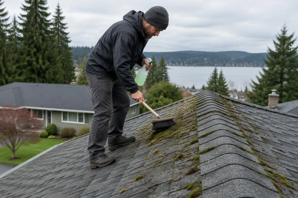 Illustrative service photograph of a worker hand-brushing moss from a shaded roof in Lake Stevens.