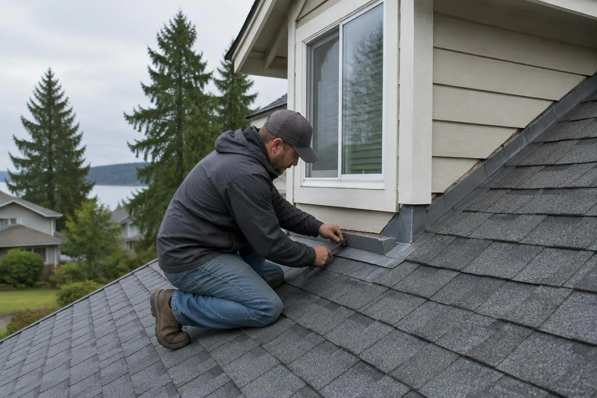 Illustrative service photograph of a roofer replacing step flashing at a dormer on a Lake Stevens home.