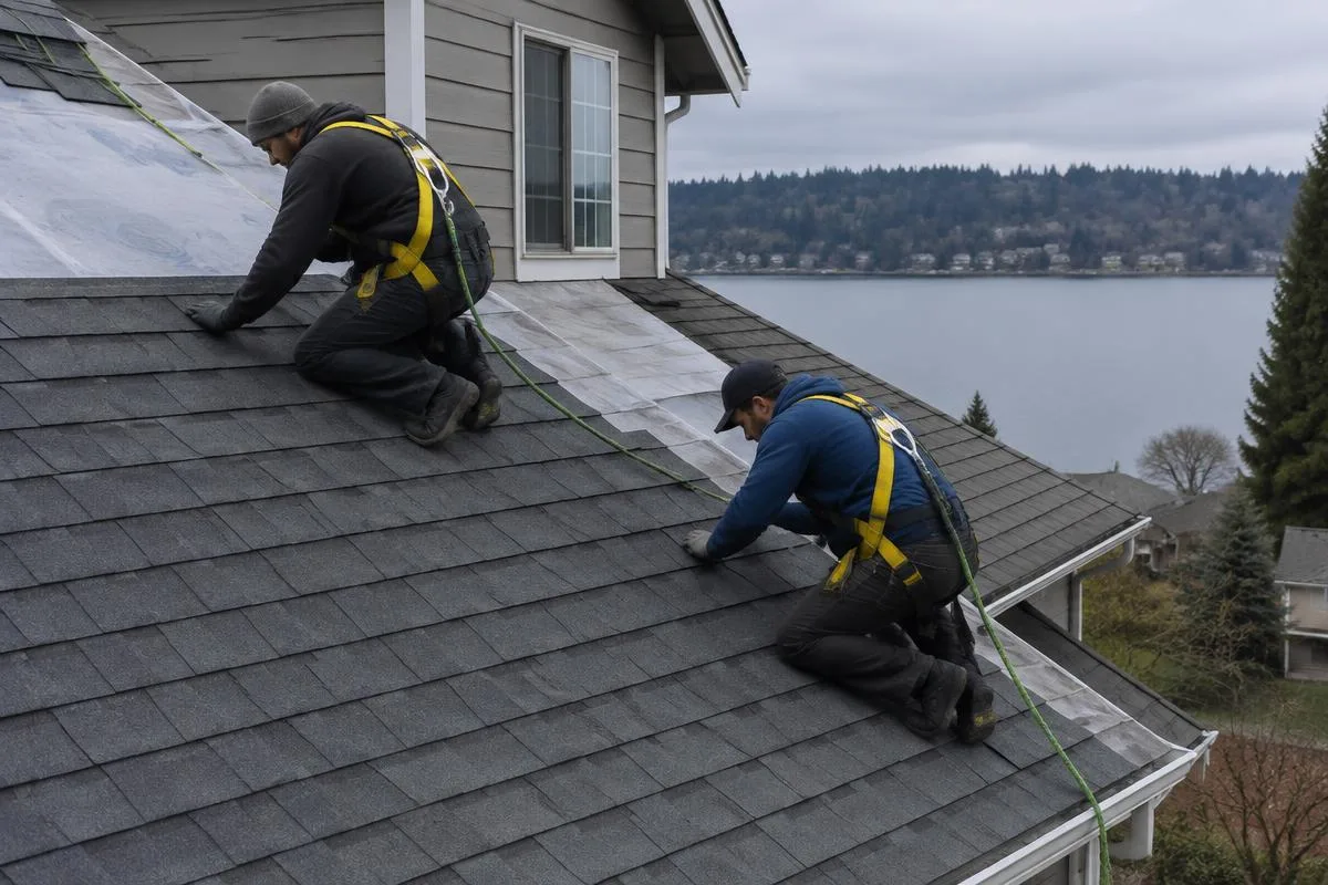 Illustrative service photograph of two harnessed roofers installing asphalt shingles on a Lake Stevens home near the water.