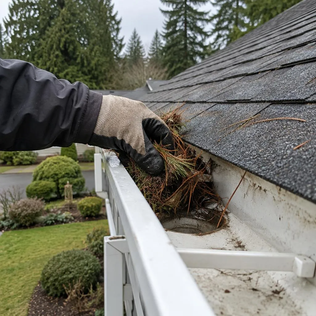 Illustrative service photograph of a gloved hand clearing fir needles from a gutter outlet in Lynnwood.
