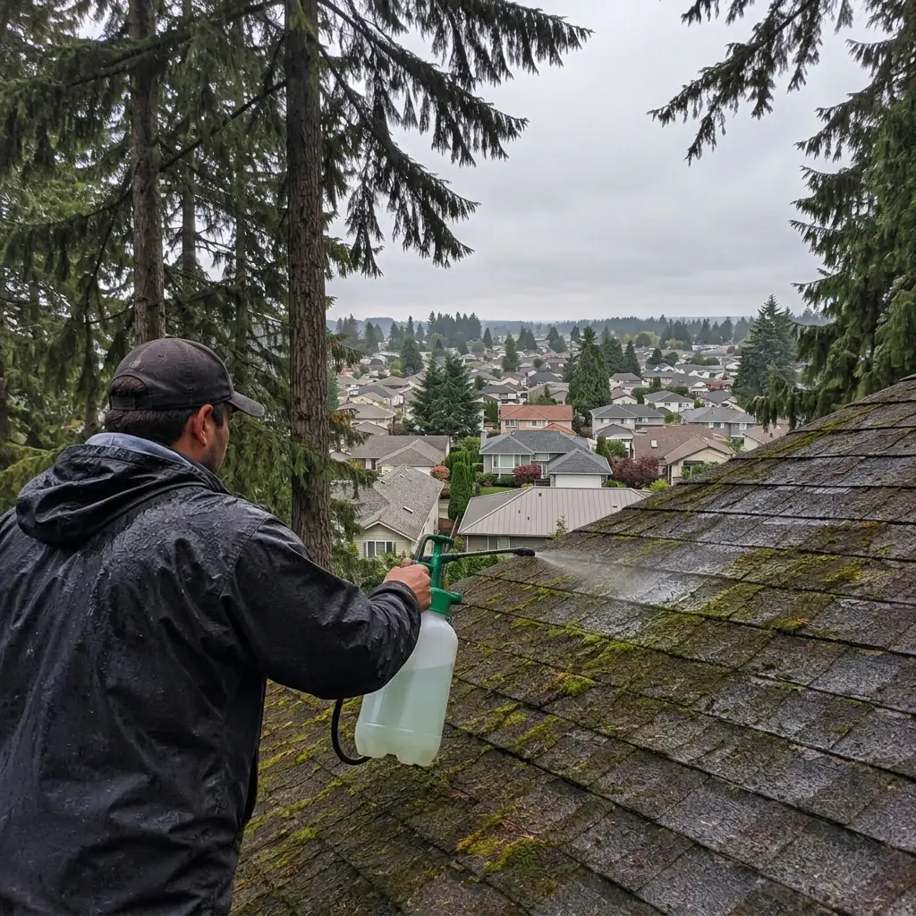 Illustrative service photograph of a worker applying spray-on moss treatment to a shaded roof in Lynnwood.