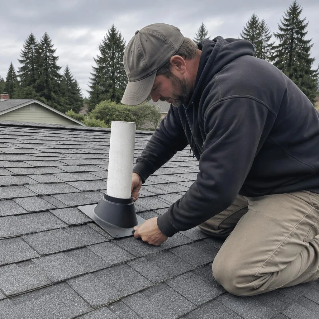 Illustrative service photograph of a roofer replacing a cracked pipe boot on an Alderwood rambler in Lynnwood.