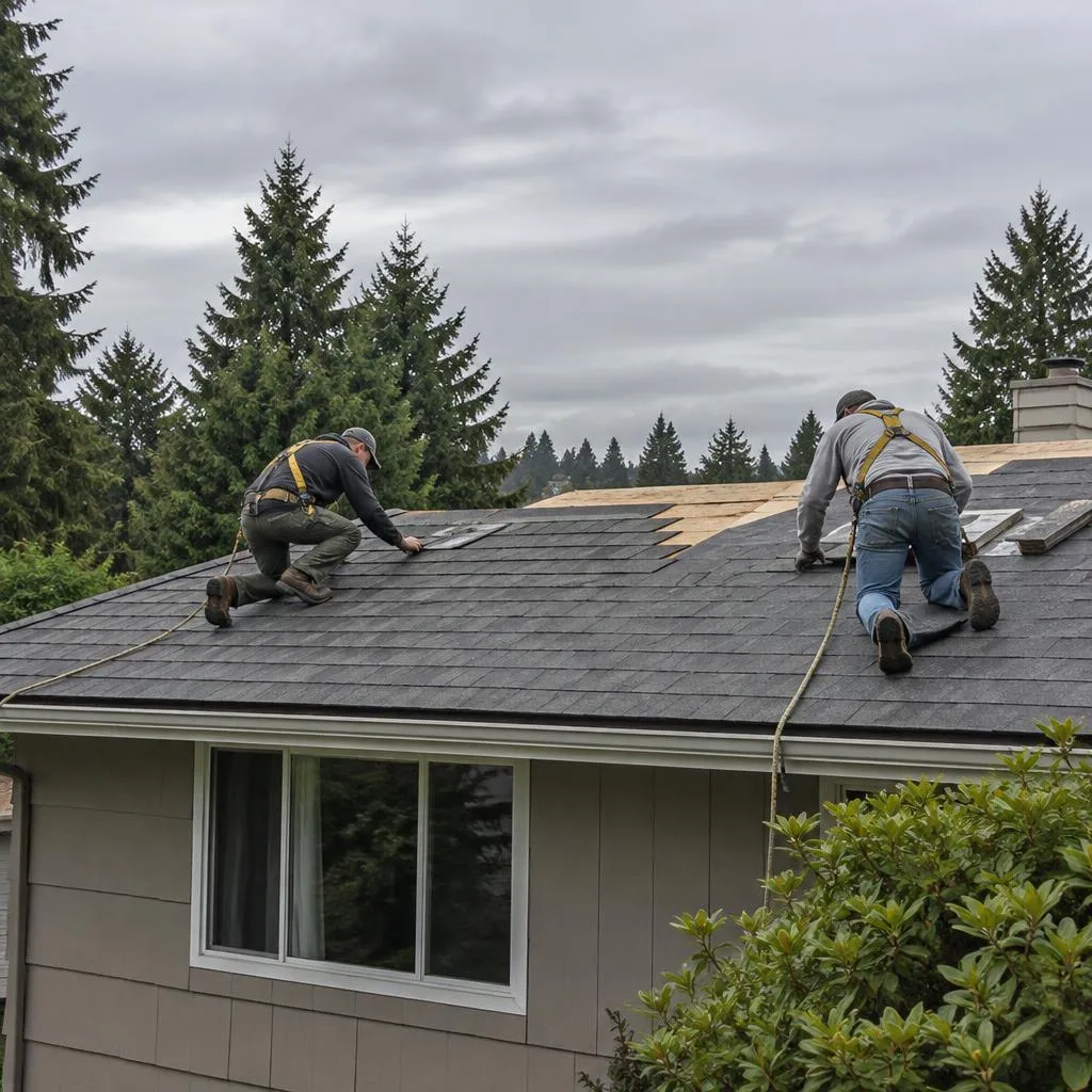Illustrative service photograph of two harnessed roofers installing asphalt shingles on a Meadowdale split-level in Lynnwood.