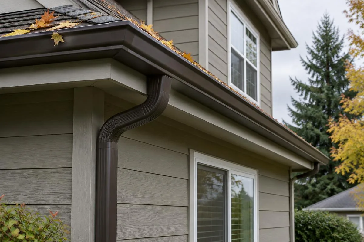 Illustrative service photograph of a dark bronze seamless gutter and downspout on a Monroe home.