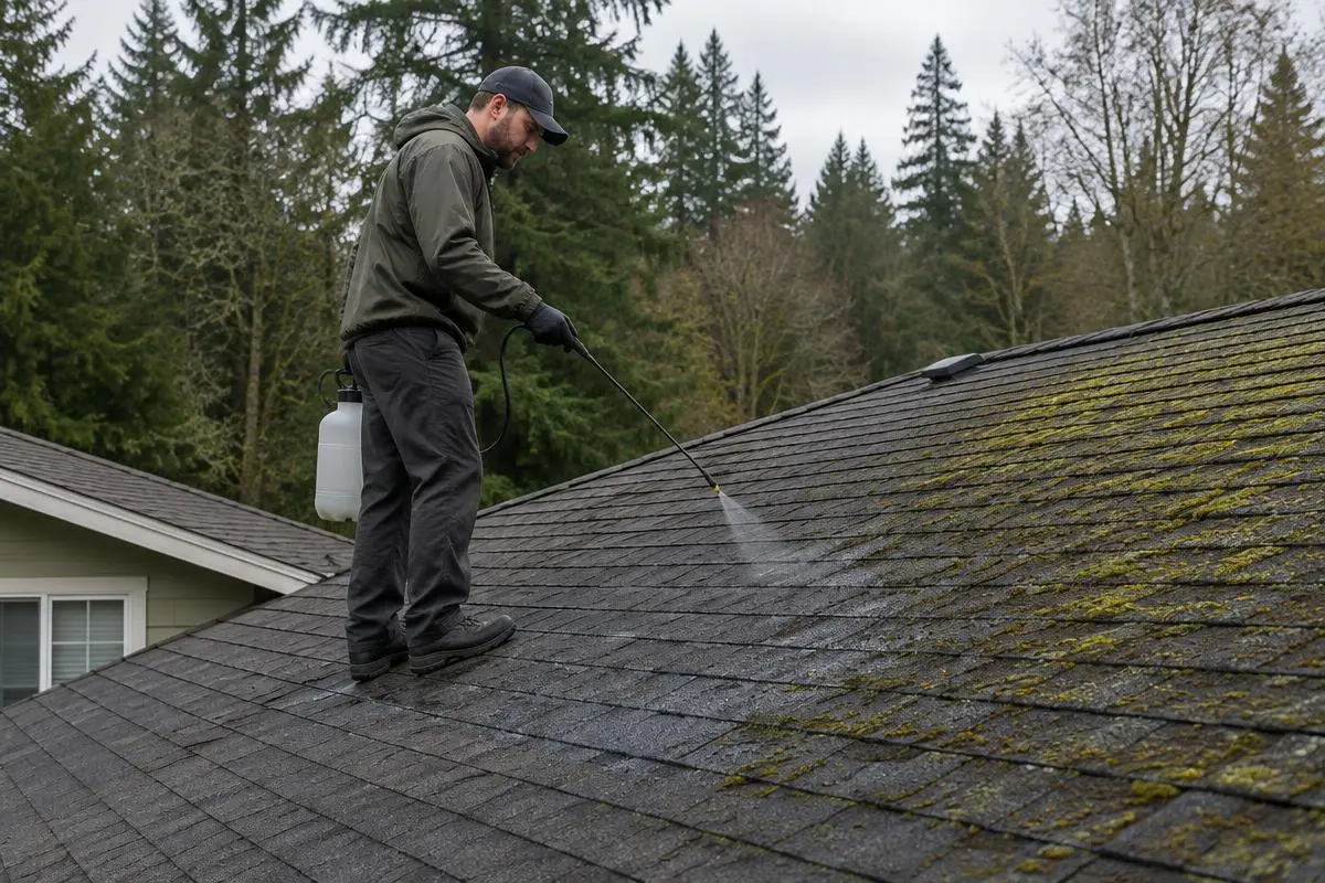 Illustrative service photograph of a worker applying spray-on moss treatment to a shaded roof in Monroe.