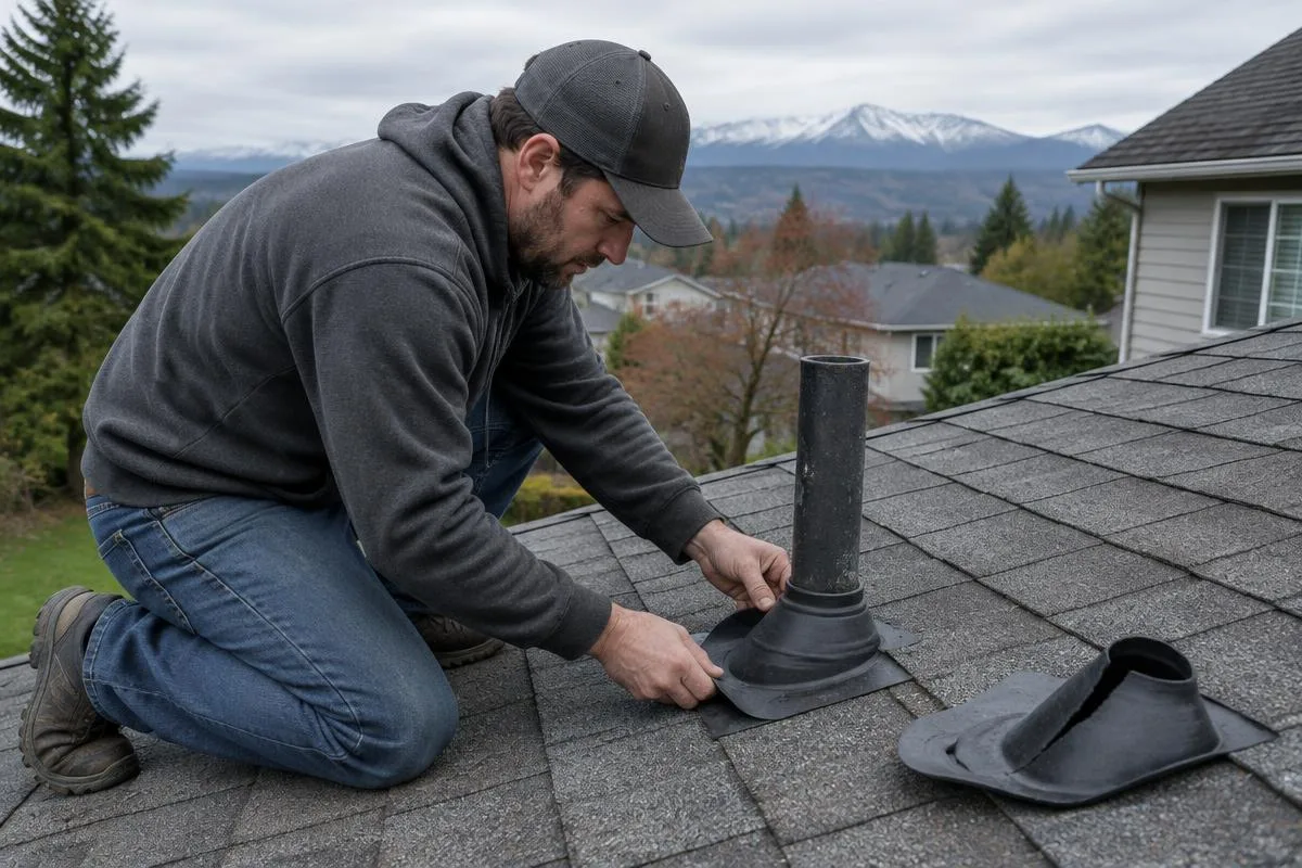 Illustrative service photograph of a roofer replacing a cracked pipe boot on a Monroe home.
