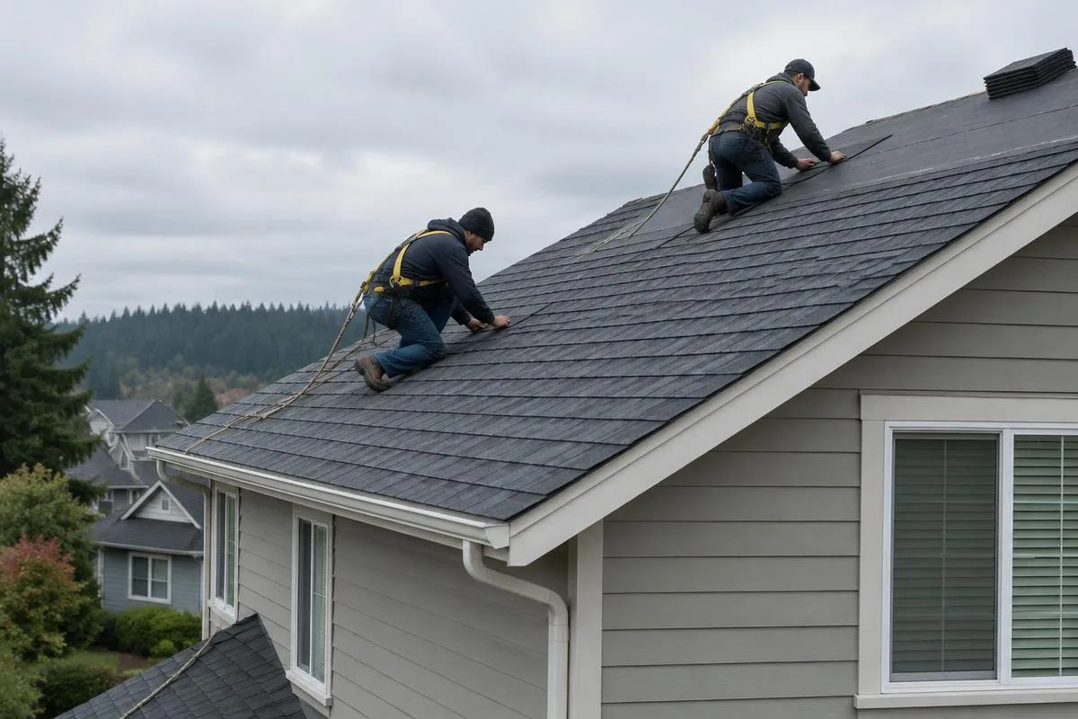 Illustrative service photograph of two harnessed roofers installing asphalt shingles on a Monroe two-story home.