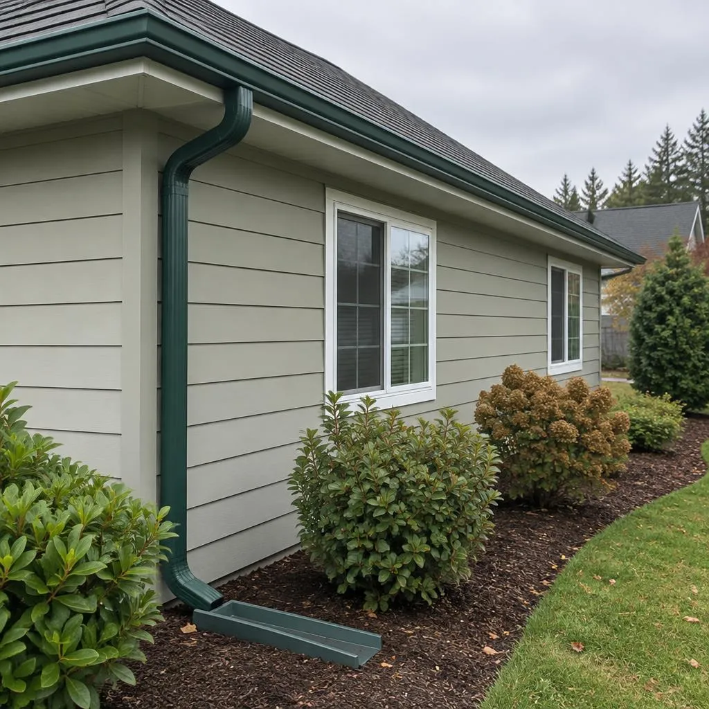 Illustrative service photograph of a green seamless gutter and downspout on a Shaw Road home in Puyallup.