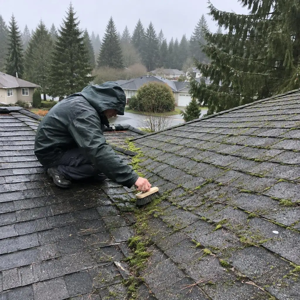 Illustrative service photograph of a worker hand-scrubbing moss from a roof valley in the Sunrise neighborhood of Puyallup.