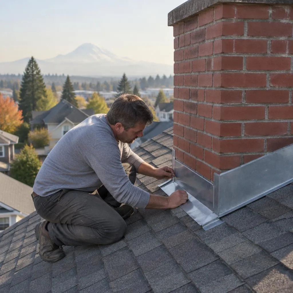 Illustrative service photograph of a roofer replacing chimney flashing on a brick chimney in downtown Puyallup.