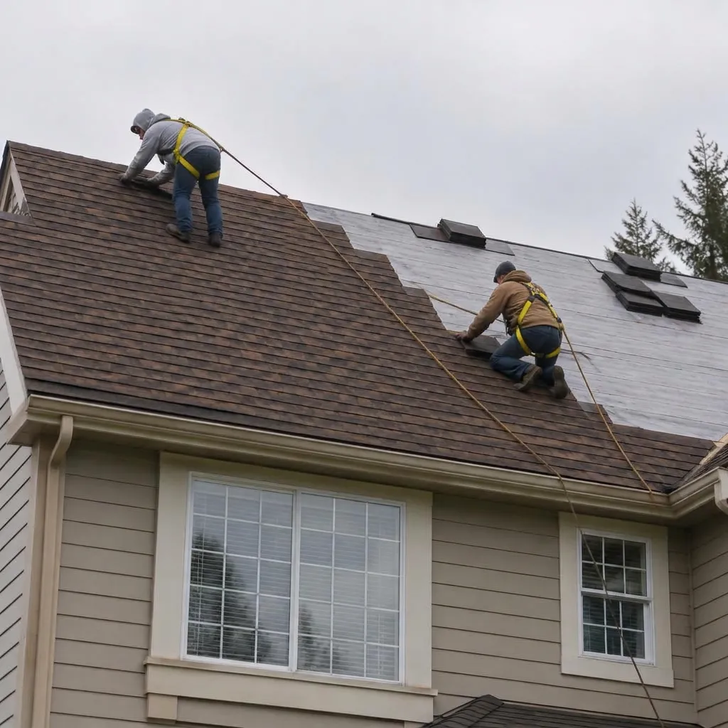 Illustrative service photograph of two harnessed roofers installing brown asphalt shingles on a South Hill home in Puyallup.