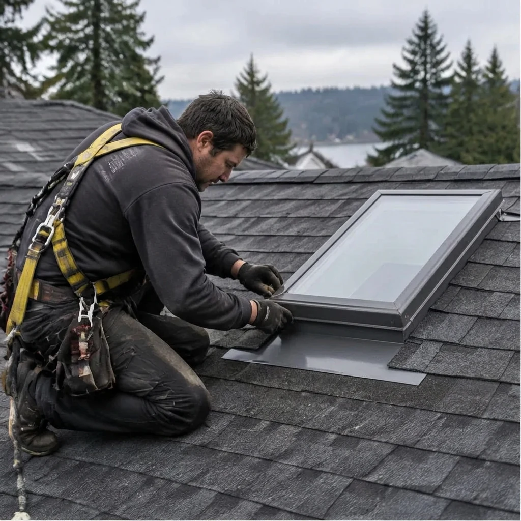 Illustrative service photograph of a roofer inspecting flashing around a modest residential skylight in Redmond.