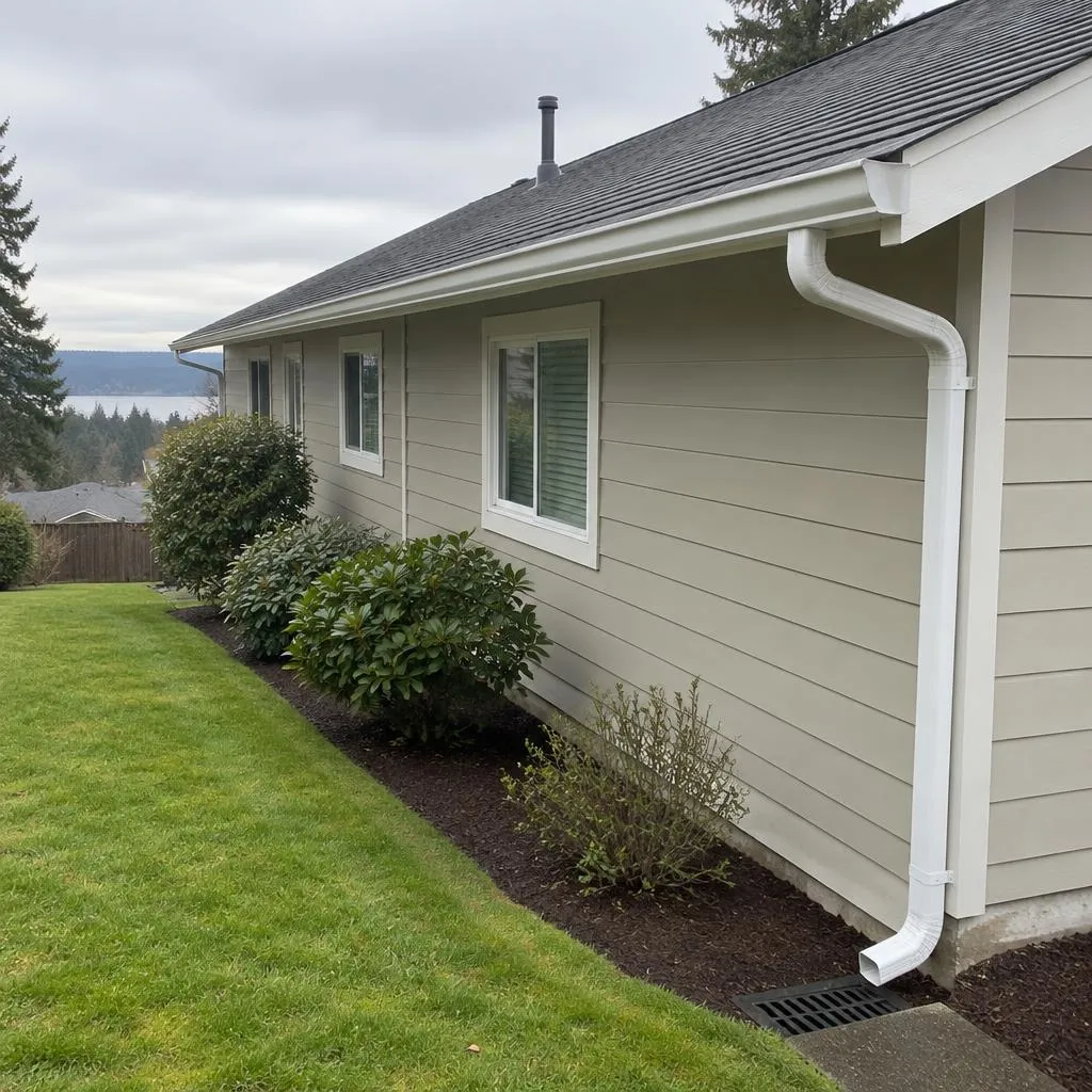 Illustrative service photograph of a white seamless gutter and downspout on a single-story Fairwood home near Renton.