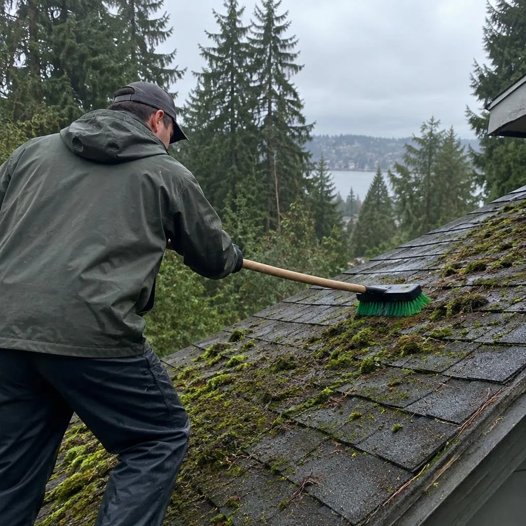 Illustrative service photograph of a worker hand-scrubbing moss from a shaded asphalt roof on Talbot Hill in Renton.