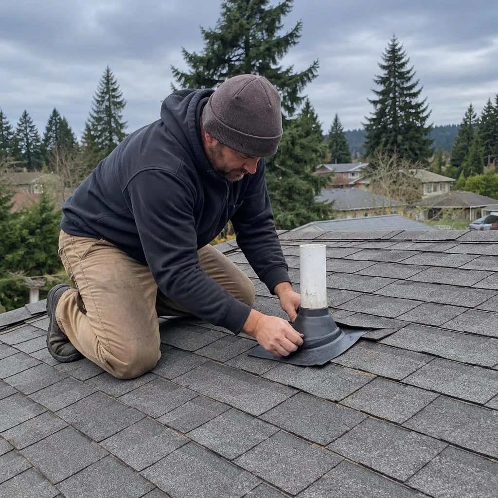 Illustrative service photograph of a roofer replacing a pipe boot on an asphalt shingle rambler roof in the Renton Highlands.