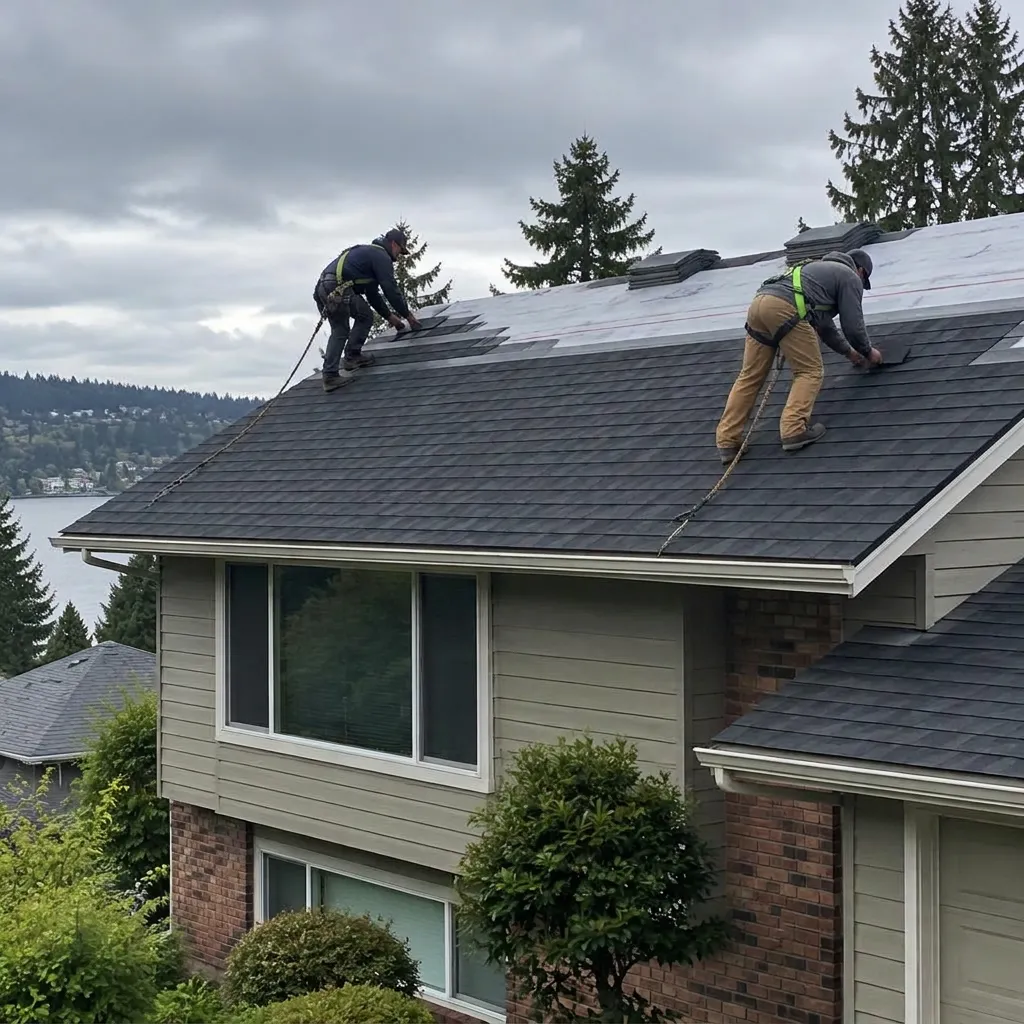 Illustrative service photograph of two harnessed roofers installing asphalt shingles on a Kennydale split-level in Renton.