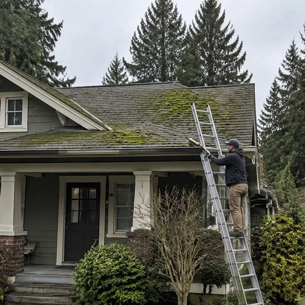 Illustrative service photograph of moss & roof cleaning at a Green Lake, Seattle residential home.