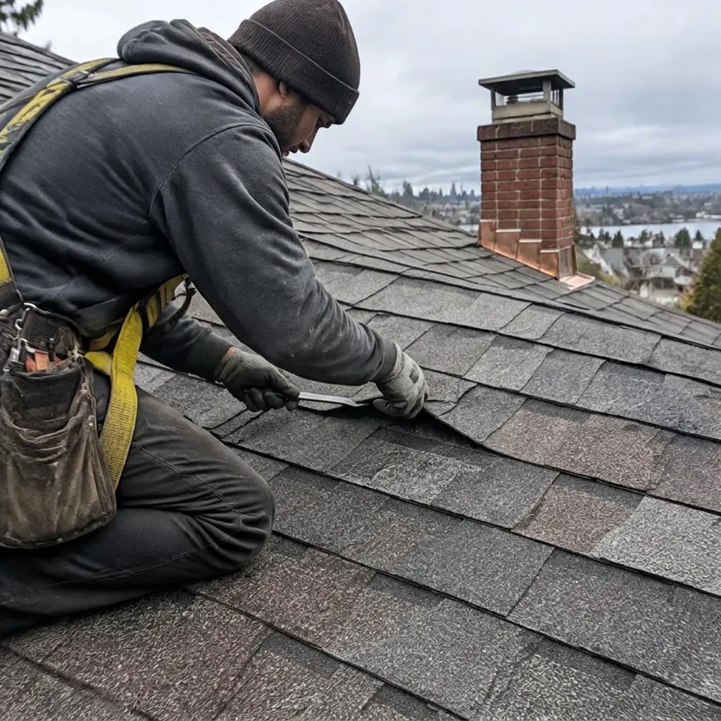 Illustrative service photograph of roof repair at a Ballard, Seattle residential home.